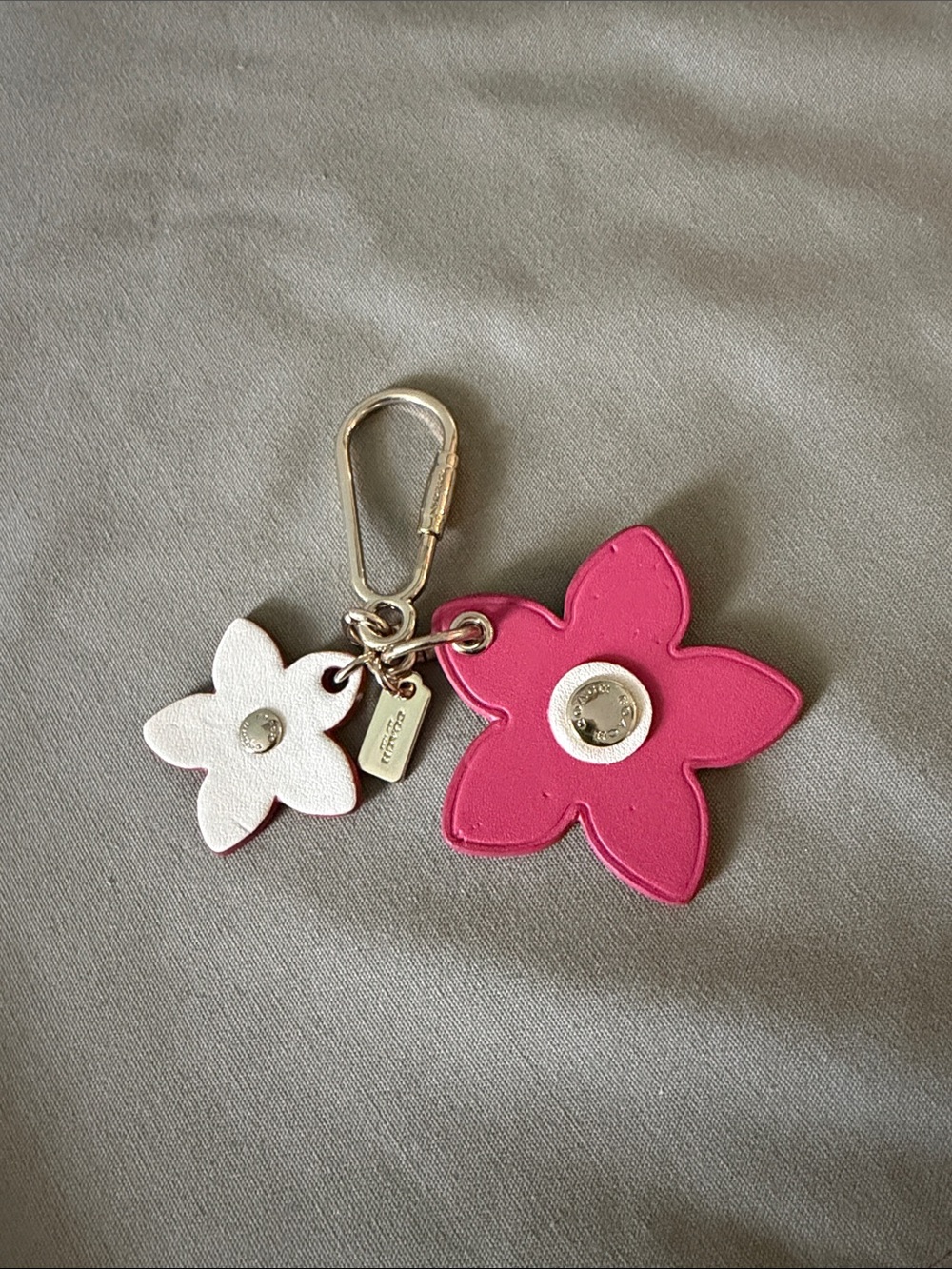Coach Pink and White Floral Key Charm with Silver Hardware